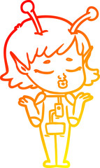 warm gradient line drawing of a cartoon alien girl