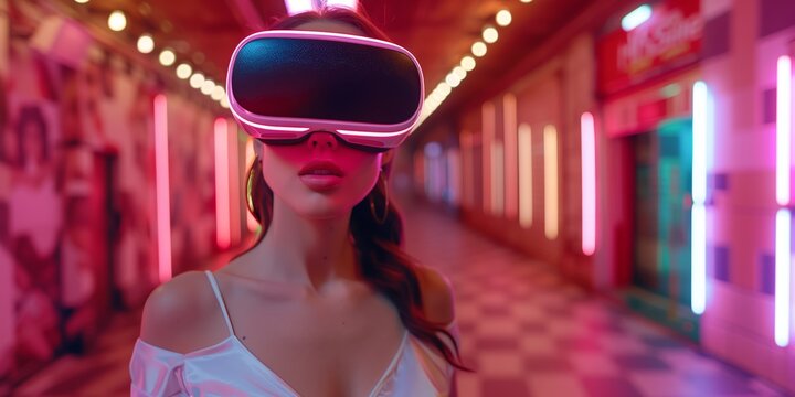Female using VR helmet. Augmented reality, future technology, game concept. Red neon light. Futuristic holographic interface to display data.