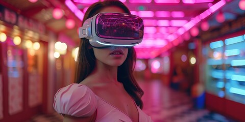 Female using VR helmet. Augmented reality, future technology, game concept. Red neon light. Futuristic holographic interface to display data.