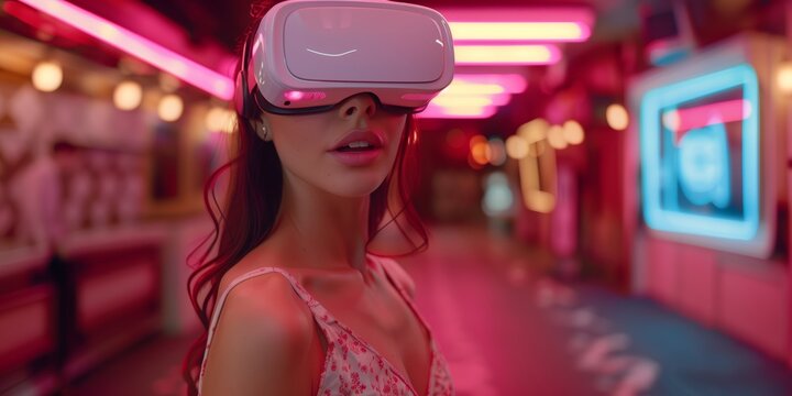 Female using VR helmet. Augmented reality, future technology, game concept. Red neon light. Futuristic holographic interface to display data.