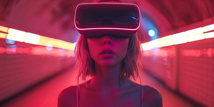 Female using VR helmet. Augmented reality, future technology, game concept. Red neon light. Futuristic holographic interface to display data.