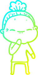 cold gradient line drawing of a cartoon peaceful old woman