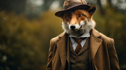 Picture a dapper fox in a tailored tweed suit, complete with a bowler hat and a monocle. Against a backdrop of English countryside, it exudes old-world charm and gentlemanly grace. Mood: refined and s - obrazy, fototapety, plakaty