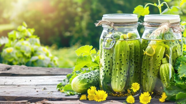 Seasonal homemade products. Canned cucumbers in a jar on a wooden table. Nature's harvest transformed into a jar of pickled perfection, ready to grace your taste buds with its zesty tang.