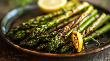 Freshly Served Grilled Asparagus and Lemon on a Rustic Plate - obrazy, fototapety, plakaty