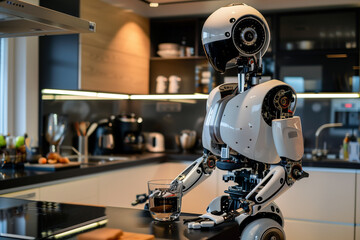 Robot in kitchen, standing, computer, cooking, robotic arm, domestic kitchen