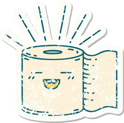 worn old sticker of a tattoo style toilet paper character