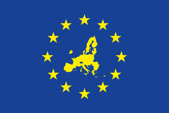 D&iacute;a de la Uni&oacute;n Europea. D&iacute;a de la UE. Bandera de la UE con el mapa de UE en el centro