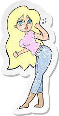 retro distressed sticker of a cartoon woman raising fist