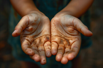 Fototapeta premium Child's hands, sand, unrecognizable person, dirt, concept, female