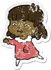 distressed sticker of a cartoon worried woman