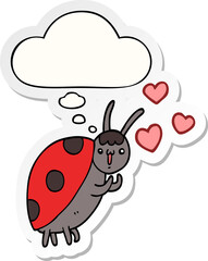 cute cartoon ladybug in love with thought bubble as a printed sticker
