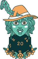 Retro Tattoo Style half orc bard with natural twenty dice roll