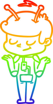 recommend clip art: rainbow gradient line drawing of a friendly cartoon spaceman shrugging