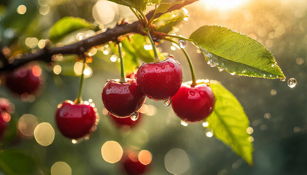 Close-up of ripe red cherries growing on branch with green leaves and water drops. Garden fruit tree