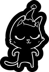 calm quirky cartoon icon of a cat wearing santa hat