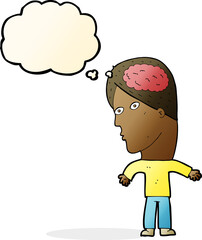 cartoon man with brain symbol with thought bubble