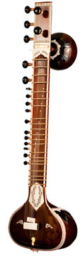 A traditional Indian sitar with a dark brown body, intricate ivory inlay, and a long neck with multiple tuning pegs. The instrument is set against a white background.