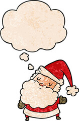 cartoon santa claus with thought bubble in grunge texture style