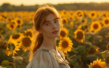 Naklejka premium Sunset Serenity in a Sunflower Field