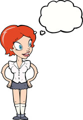 cartoon happy woman in short skirt with thought bubble