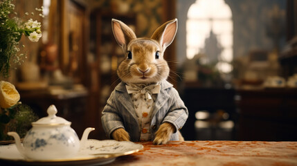 Imagine a dapper rabbit in a velvet smoking jacket, complete with a silk ascot and a top hat. Amidst a backdrop of Victorian architecture, it exudes old-world charm and refined taste. Mood: classic an