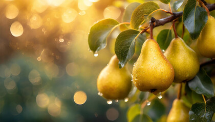 Close-up of ripe yellow pears growing on branch with green leaves and water drops. Garden fruit tree