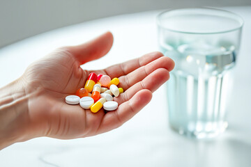 Handful of Pills. Pills in hand, glass of water in the background. Medication and Healthcare Concept 