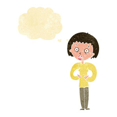 cartoon woman gesturing at self with thought bubble