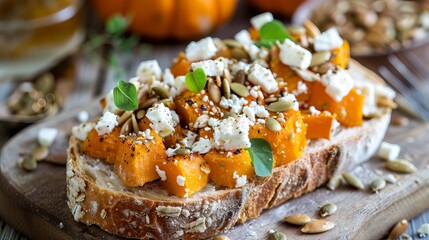 Gourmet open sandwich with spiced pumpkin, crumbled feta, and roasted seeds, perfect for a fall-inspired brunch or snack --ar 16:9 Job ID: 37fce0eb-6a9b-4cd6-a10c-d92439ed1887 - obrazy, fototapety, plakaty