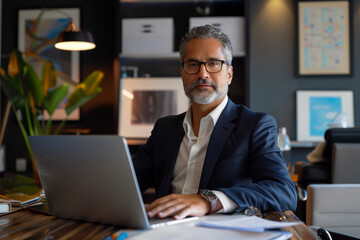 Businessman working on his laptop in his office, internet, mature adult, place of work, corporate business