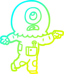 cold gradient line drawing of a cartoon cyclops alien spaceman pointing
