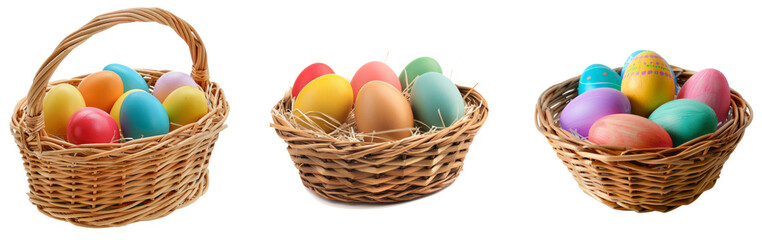 Obraz na płótnie Canvas Multi colors Easter eggs in the woven basket