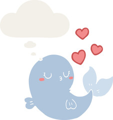 cute cartoon whale in love with thought bubble in retro style