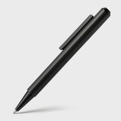 A simple black ballpoint pen on a plain white background. Perfect for office supplies or writing...