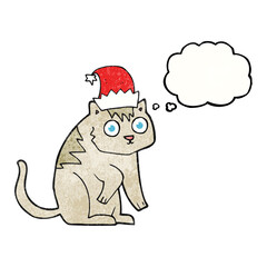 freehand drawn thought bubble textured cartoon cat wearing christmas hat