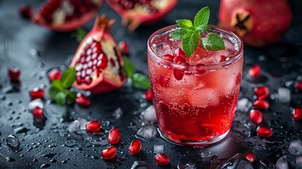 Pomegranate Refreshing Summer Cocktail on a Dark Background