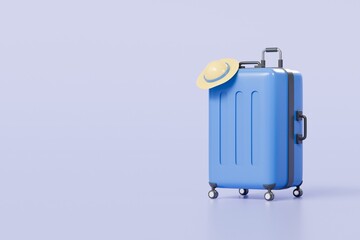 3d Travel Suitcase with summer hat, luggage Suitcase Icon Isolated on purple background. Travel holiday vacation concept. Minimal Blue Suitcase with hat creative design. 3d render illustration.