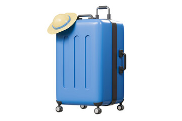 3d Travel Suitcase with summer hat, luggage Suitcase Icon Isolated on purple background. Travel holiday vacation concept. Minimal Blue Suitcase with hat creative design. 3d render illustration.