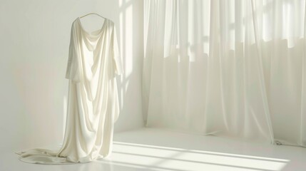 White dress hanging on a hanger in a room. Suitable for fashion or wardrobe concepts
