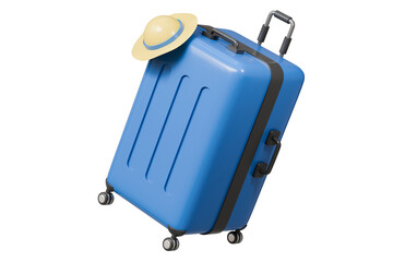 3d Travel Suitcase with summer hat, luggage Suitcase Icon Isolated on purple background. Travel holiday vacation concept. Minimal Blue Suitcase with hat creative design. 3d render illustration.