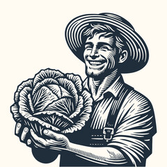 Laughing Farmer Holding a Cabbage. Vintage woodcut engraving style vector illustration.