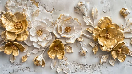 Poster Light decorative texture of a plaster wall with voluminous decorative flowers and golden elements. © MiaStendal
