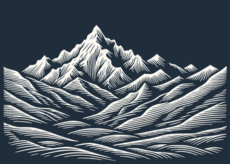 Mountains Landscape. Vintage woodcut linocut style vector illustration.