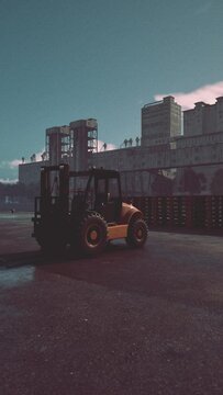 A forklift is seen driving down a street next to a factory, carrying out industrial operations.