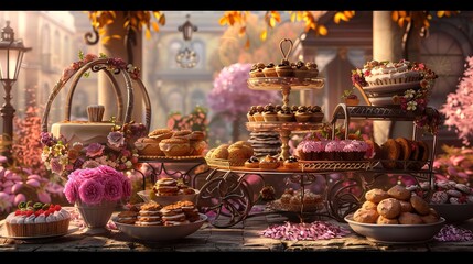A Table Laden with Cookies and a Cake Cart: A Delightful Spread of Sweet Treats for Everyone to Enjoy