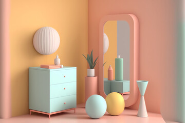 Pastel interior pink blue color block 3d design