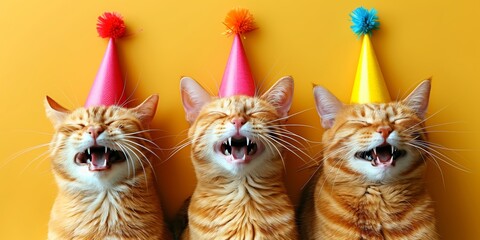 cats on a yellow background. The holiday is a merry birthday.
