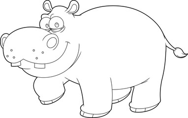 Outlined Hippopotamus Animal Cartoon Character. Vector Hand Drawn Illustration Isolated On Transparent Background