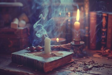 ancient spellbook with candlelight casting mysterious shadows in a wizard's den - obrazy, fototapety, plakaty
